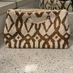 ElegantBrown and Cream Beaded Clutch